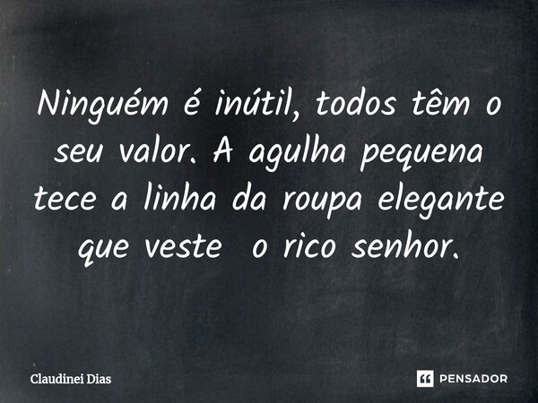 ⁠Ninguém é inútil, todos têm o seu valor. A agulha pequena tece a linha da roupa elegante que veste o rico senhor.... Frase de Claudinei Dias.