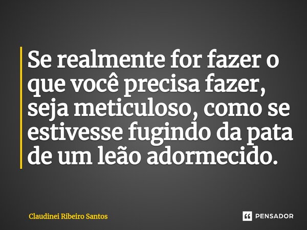 Se realmente for fazer o que você precisa fazer, seja meticuloso, como se estivesse ⁠fugindo da pata de um leão adormecido.... Frase de Claudinei Ribeiro Santos.