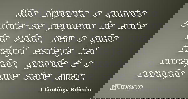 Não importa o quanto sinta-se pequeno de ante da vida, nem o quão frágil esteja tal coração, grande é o coração que sabe amar.... Frase de Claudiney Ribeiro.