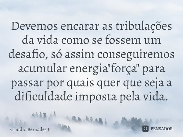 ⁠Devemos encarar as tribulações da vida como se fossem um desafio, só assim conseguiremos acumular energia "força" para passar por quais quer que seja... Frase de Claudio Bernades Jr.