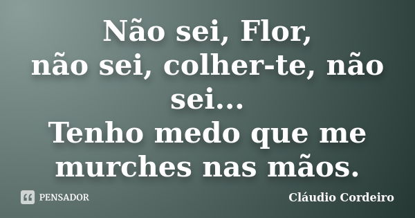 Não sei, Flor, não sei, colher-te, não sei... Tenho medo que me murches nas mãos.... Frase de Cláudio Cordeiro.