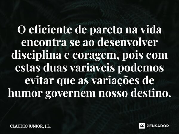 ⁠O eficiente de pareto na vida encontra se ao desenvolver disciplina e coragem, pois com estas duas variaveis podemos evitar que as variações de humor governem ... Frase de CLAUDIO JUNIOR, J.L..