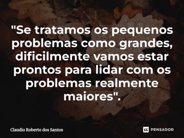 "⁠Se tratamos os pequenos problemas como grandes, dificilmente vamos estar prontos para lidar com os problemas realmente maiores".... Frase de Claudio Roberto dos Santos.