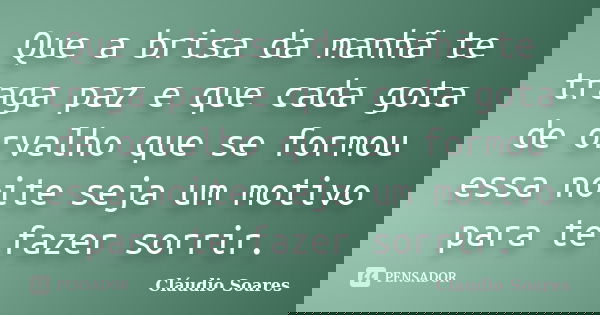 Que a brisa da manhã te traga paz e que cada gota de orvalho que se formou essa noite seja um motivo para te fazer sorrir.... Frase de Cláudio Soares.