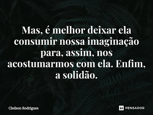 ⁠Mas, é melhor deixar ela consumir nossa imaginação para, assim, nos acostumarmos com ela. Enfim, a solidão.... Frase de Cledson Rodrigues.