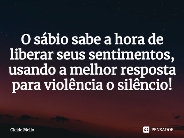 ⁠O sábio sabe a hora de liberar seus sentimentos, usando a melhor resposta para violência o silêncio!... Frase de Cleide Mello.