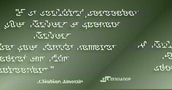 "E o colibri percebeu Que Talvez e apenas Talvez A Tulipa que tanto namora Poderá em fim desabrochar"... Frase de Cleidson Amorim.