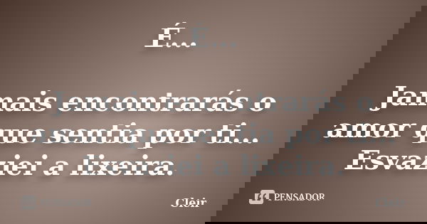 É... Jamais encontrarás o amor que sentia por ti... Esvaziei a lixeira.... Frase de Cleir.