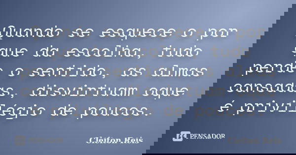 Quando se esquece o por que da escolha, tudo perde o sentido, as almas cansadas, disvirtuam oque é privilégio de poucos.... Frase de Cleiton Reis.