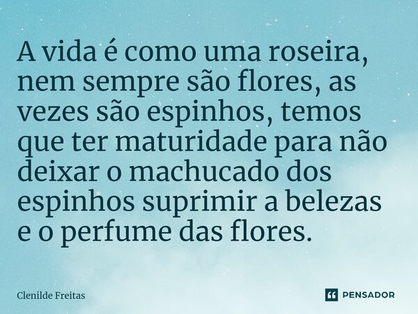 ⁠A vida é como uma roseira, nem sempre são flores, as vezes são espinhos, temos que ter maturidade para não deixar o machucado dos espinhos suprimir a belezas e... Frase de Clenilde Freitas.