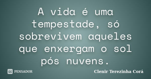 A vida é uma tempestade, só sobrevivem aqueles que enxergam o sol pós nuvens.... Frase de Clenir Terezinha Corá.