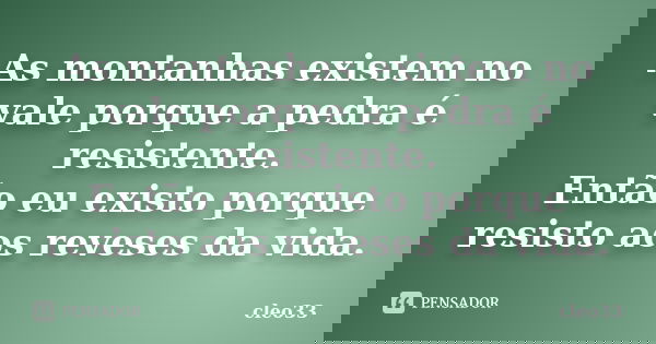 As montanhas existem no vale porque a pedra é resistente. Então eu existo porque resisto aos reveses da vida.... Frase de cleo33.