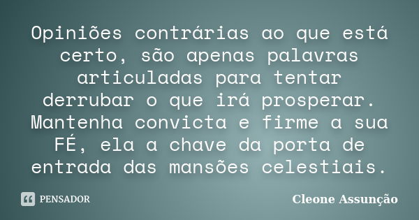 Opiniões contrárias ao que está certo, são apenas palavras articuladas para tentar derrubar o que irá prosperar. Mantenha convicta e firme a sua FÉ, ela a chave... Frase de Cleone Assunção.