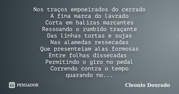 Nos traços empoeirados do cerrado A fina marca do lavrado Corta em balizas marcantes Ressoando o zumbido traçante Das linhas tortas e sujas Nas alamedas resseca... Frase de Cleonio Dourado.