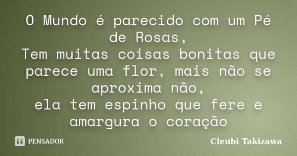 O Mundo é parecido com um Pé de Rosas, Tem muitas coisas bonitas que parece uma flor, mais não se aproxima não, ela tem espinho que fere e amargura o coração... Frase de Cleubi Takizawa.