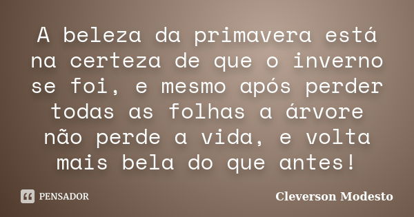 A beleza da primavera está na certeza de que o inverno se foi, e mesmo após perder todas as folhas a árvore não perde a vida, e volta mais bela do que antes!... Frase de Cleverson Modesto.