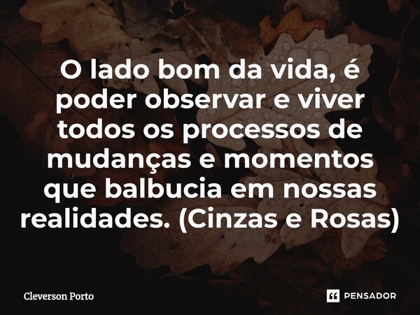 ⁠O lado bom da vida, é poder observar e viver todos os processos de mudanças e momentos que balbucia em nossas realidades. (Cinzas e Rosas)... Frase de Cleverson Porto.