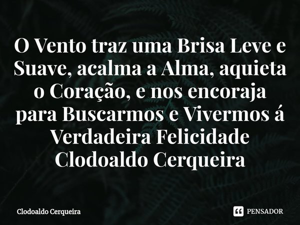 ⁠O Vento traz uma Brisa Leve e Suave, acalma a Alma, aquieta o Coração, e nos encoraja para Buscarmos e Vivermos á Verdadeira Felicidade... Frase de Clodoaldo Cerqueira.