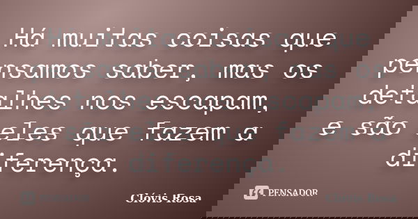 Há muitas coisas que pensamos saber, mas os detalhes nos escapam, e são eles que fazem a diferença.... Frase de Clóvis Rosa.