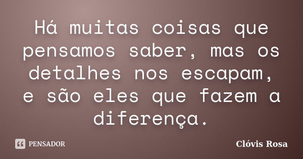 Há muitas coisas que pensamos saber, mas os detalhes nos escapam, e são eles que fazem a diferença.... Frase de Clóvis Rosa.