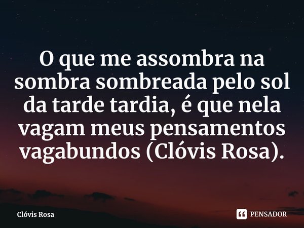 ⁠O que me assombra na sombra sombreada pelo sol da tarde tardia, é que nela vagam meus pensamentos vagabundos (Clóvis Rosa).... Frase de Clóvis Rosa.