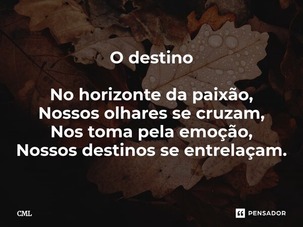 ⁠O destino No horizonte da paixão, Nossos olhares se cruzam, Nos toma pela emoção, Nossos destinos se entrelaçam.... Frase de CML.