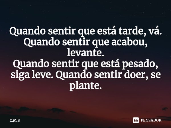 ⁠Quando sentir que está tarde, vá.
Quando sentir que acabou, levante.
Quando sentir que está pesado, siga leve. Quando sentir doer, se plante.... Frase de C.M.S.