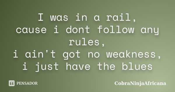 I was in a rail, cause i dont follow any rules, i ain't got no weakness, i just have the blues... Frase de cobraninjaafricana.