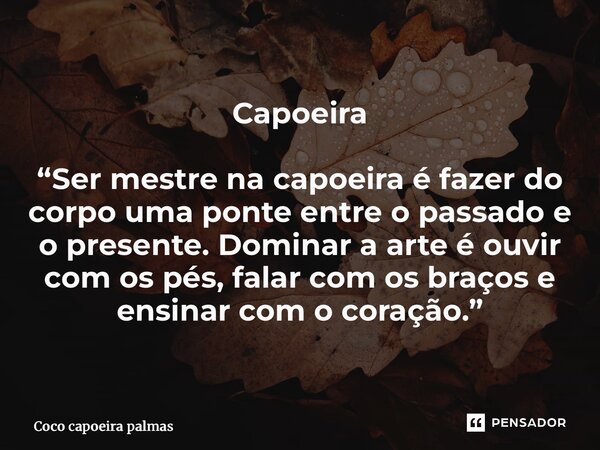 ⁠Capoeira “Ser mestre na capoeira é fazer do corpo uma ponte entre o passado e o presente. Dominar a arte é ouvir com os pés, falar com os braços e ensinar com ... Frase de Coco capoeira palmas Tocantins.