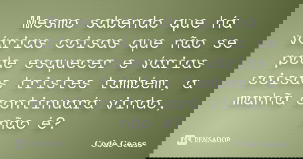 Mesmo sabendo que há várias coisas que não se pode esquecer e várias coisas tristes também, a manhã continuará vindo, não é?... Frase de Code Geass.