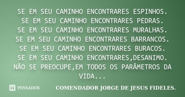 SE EM SEU CAMINHO ENCONTRARES ESPINHOS. SE EM SEU CAMINHO ENCONTRARES PEDRAS. SE EM SEU CAMINHO ENCONTRARES MURALHAS. SE EM SEU CAMINHO ENCONTRARES BARRANCOS. S... Frase de COMENDADOR JORGE DE JESUS FIDELES.