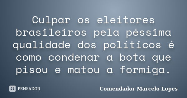 Culpar os eleitores brasileiros pela péssima qualidade dos políticos é como condenar a bota que pisou e matou a formiga.... Frase de Comendador Marcelo Lopes.