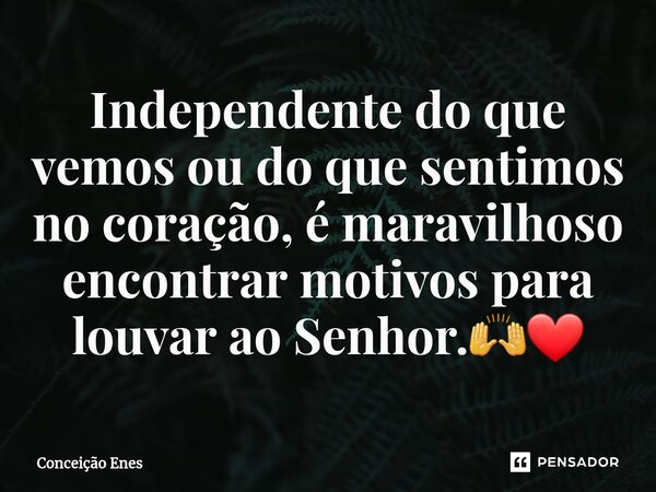 ⁠Independente do que vemos ou do que sentimos no coração, é maravilhoso encontrar motivos para louvar ao Senhor.🙌❤️... Frase de Conceição Enes.