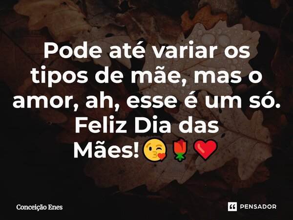 ⁠Pode até variar os tipos de mãe, mas o amor, ah, esse é um só. Feliz Dia das Mães!😘🌹❤️... Frase de Conceição Enes.