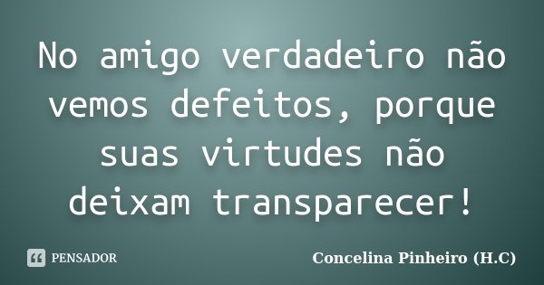 No amigo verdadeiro não vemos defeitos, porque suas virtudes não deixam transparecer!... Frase de Concelina Pinheiro (H.C).