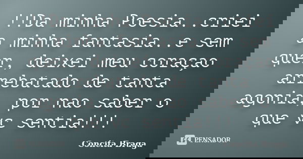 !!Da minha Poesia..criei a minha fantasia..e sem quer, deixei meu coraçao arrebatado de tanta agonia, por nao saber o que vc sentia!!!... Frase de concita braga.