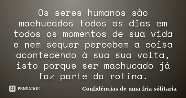 Os seres humanos são machucados todos os dias em todos os momentos de sua vida e nem sequer percebem a coisa acontecendo à sua sua volta, isto porque ser machuc... Frase de confidencias_de_uma_fria_solitaria.