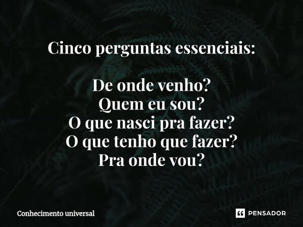 ⁠Cinco perguntas essenciais: De onde venho? Quem eu sou? O que nasci pra fazer? O que tenho que fazer? Pra onde vou?... Frase de Conhecimento universal.