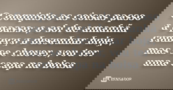 Conquisto as coisas passo a passo; o sol de amanhã começo a desenhar hoje, mas se chover, vou ter uma capa na bolsa
