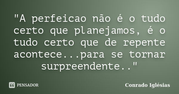 "A perfeicao não é o tudo certo que planejamos, é o tudo certo que de repente acontece...para se tornar surpreendente.."... Frase de Conrado Iglésias.