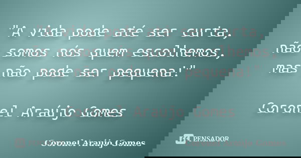"A vida pode até ser curta, não somos nós quem escolhemos, mas não pode ser pequena!" Coronel Araújo Gomes... Frase de Coronel Araújo Gomes.