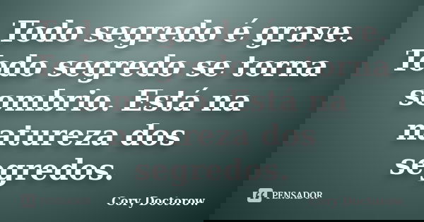 Todo segredo é grave. Todo segredo se torna sombrio. Está na natureza dos segredos.... Frase de Cory Doctorow.