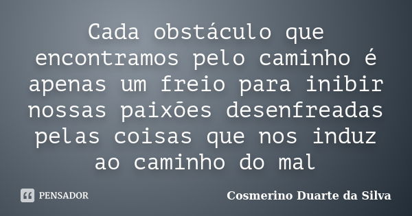 Cada obstáculo que encontramos pelo caminho é apenas um freio para inibir nossas paixões desenfreadas pelas coisas que nos induz ao caminho do mal... Frase de Cosmerino Duarte da Silva.