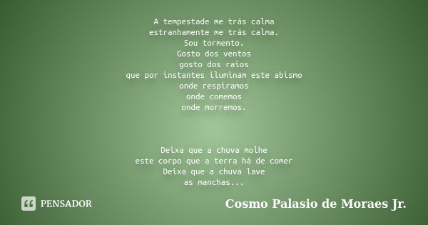 A tempestade me trás calma estranhamente me trás calma. Sou tormento. Gosto dos ventos gosto dos raios que por instantes iluminam este abismo onde respiramos on... Frase de Cosmo Palasio de Moraes Jr..