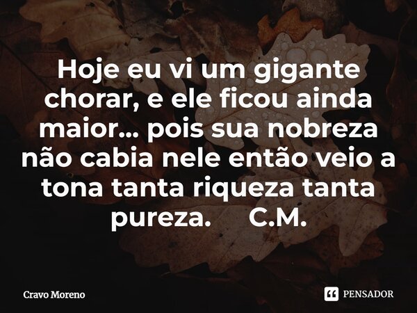 ⁠Hoje eu vi um gigante chorar, e ele ficou ainda maior... pois sua nobreza não cabia nele então veio a tona tanta riqueza tanta pureza. C.M.... Frase de Cravo Moreno.