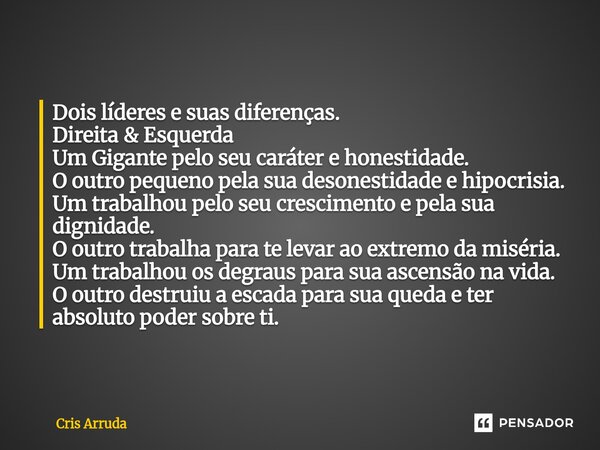 Dois líderes e suas diferenças. Direita & Esquerda Um Gigante pelo seu caráter e honestidade. O outro pequeno pela sua desonestidade e hipocrisia. Um trabal... Frase de cris arruda.