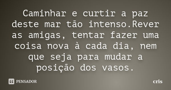 Caminhar e curtir a paz deste mar tão intenso.Rever as amigas, tentar fazer uma coisa nova à cada dia, nem que seja para mudar a posição dos vasos.... Frase de Cris.