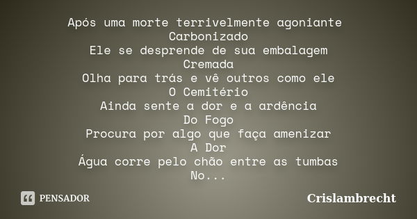 Após uma morte terrivelmente agoniante Carbonizado Ele se desprende de sua embalagem Cremada Olha para trás e vê outros como ele O Cemitério Ainda sente a dor e... Frase de Crislambrecht.