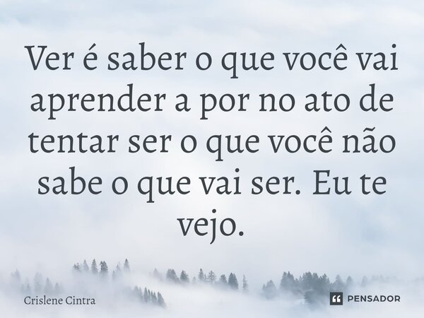 Ver é saber o que você vai aprender a por no ato de tentar ser o que você não sabe o que vai ser. Eu te vejo.... Frase de Crislene Cintra.