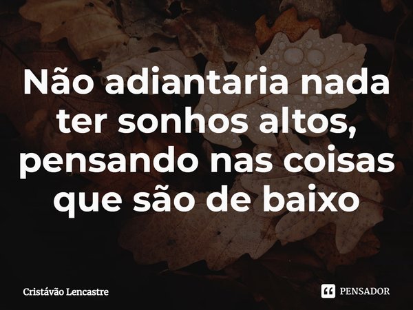 Não adiantaria nada ter sonhos altos, pensando nas coisas que são de baixo... Frase de Cristávão Lencastre.